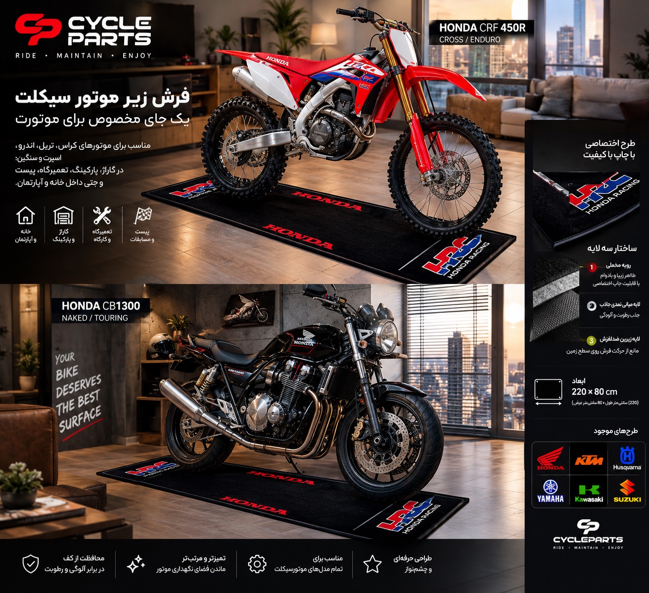 فرش زیر موتور سیکلت 220×80 سانتی‌متر | HONDA